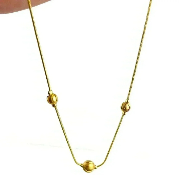 Gold Beaded Rope Necklace Trio Ball Metal Tone Jewelry 16" - Picture 6 of 10